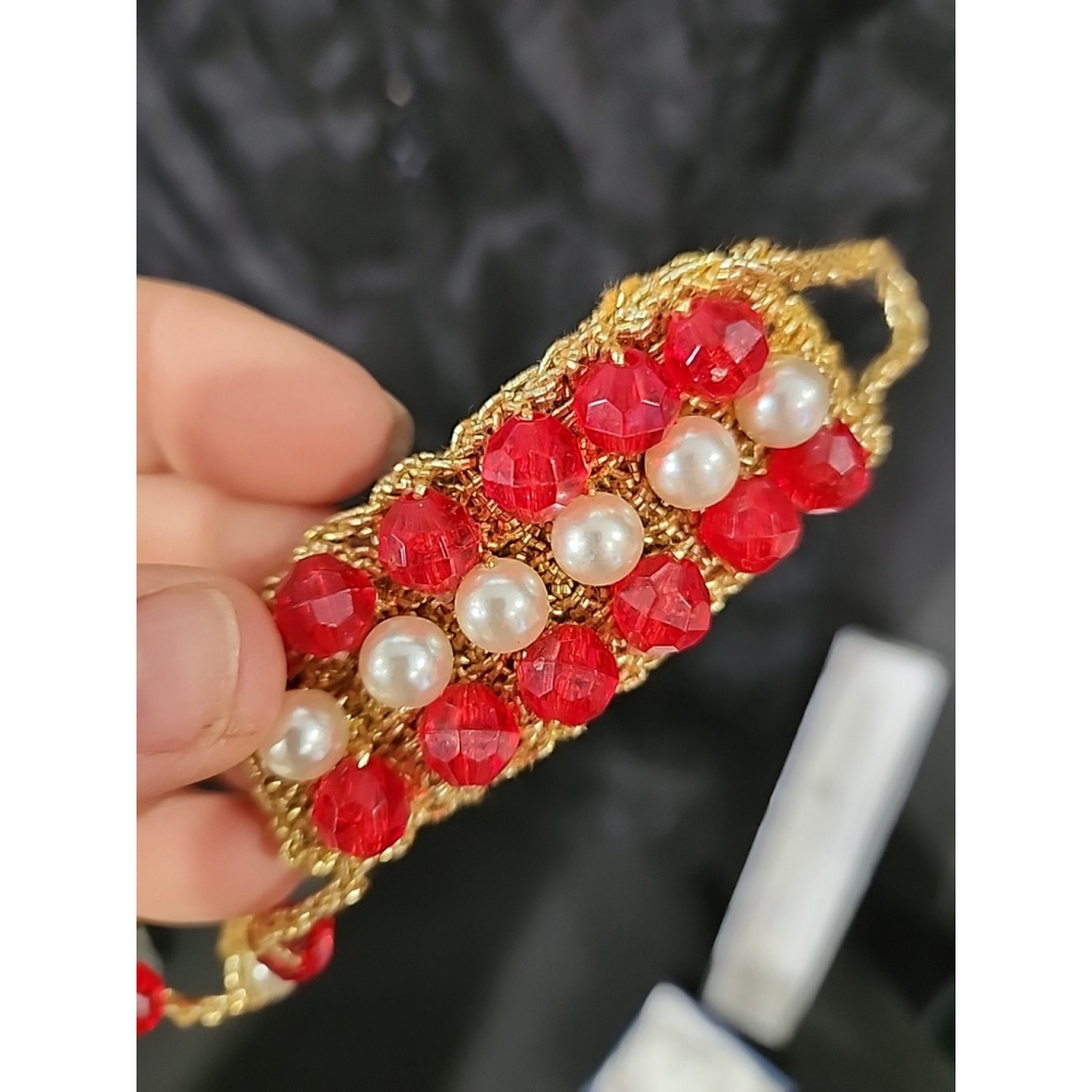 Vintage Barefoot Sandals Foot Jewelry Red Gold Pearls Small Medium - Picture 5 of 6